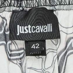 Just Cavalli White/Black Printed Crepe Ruffled Off-Shoulder Crop Top M