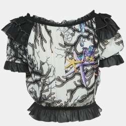 Just Cavalli White/Black Printed Crepe Ruffled Off-Shoulder Crop Top M