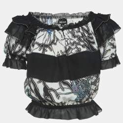 Just Cavalli White/Black Printed Crepe Ruffled Off-Shoulder Crop Top M