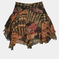 Pre Owned Just Cavalli Brown Tassel Printed Silk Asymmetric Mini Skirt M