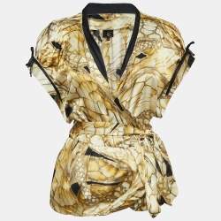Pre Owned Just Cavalli Yellow Printed Satin Silk Glitter Silk Wrap Blouse S
