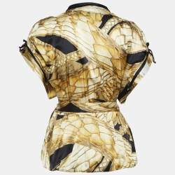 Pre Owned Just Cavalli Yellow Printed Satin Silk Glitter Silk Wrap Blouse S