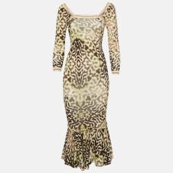 Pre Owned Just Cavalli Green Animal Print Jersey Flounce Midi Dress S