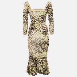 Pre Owned Just Cavalli Green Animal Print Jersey Flounce Midi Dress S