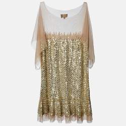 Pre Owned Just Cavalli Gold Sequin and Tulle Flounce Mini Dress M