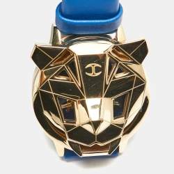 Pre Owned Just Cavalli Blue Yellow Gold Tone Stainless Steel Leather Just Tiger 7251561505 Women's Wristwatch 34 mm