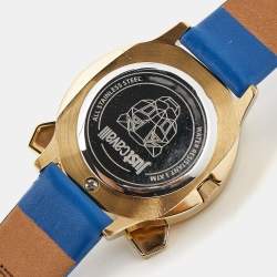 Pre Owned Just Cavalli Blue Yellow Gold Tone Stainless Steel Leather Just Tiger 7251561505 Women's Wristwatch 34 mm