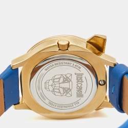 Pre Owned Just Cavalli Blue Yellow Gold Tone Stainless Steel Leather Just Tiger 7251561505 Women's Wristwatch 34 mm