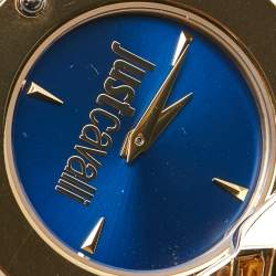 Pre Owned Just Cavalli Blue Yellow Gold Tone Stainless Steel Leather Just Tiger 7251561505 Women's Wristwatch 34 mm