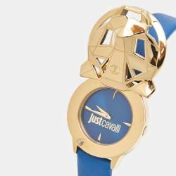 Pre Owned Just Cavalli Blue Yellow Gold Tone Stainless Steel Leather Just Tiger 7251561505 Women's Wristwatch 34 mm