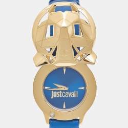 Pre Owned Just Cavalli Blue Yellow Gold Tone Stainless Steel Leather Just Tiger 7251561505 Women's Wristwatch 34 mm