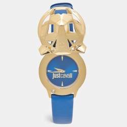 Pre Owned Just Cavalli Blue Yellow Gold Tone Stainless Steel Leather Just Tiger 7251561505 Women's Wristwatch 34 mm