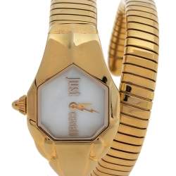 Pre Owned Just Cavalli Mother Of Pearl Yellow Gold Plated Stainless Steel Stylized Snake JC1L001M0025 Women's Wristwatch 22 mm