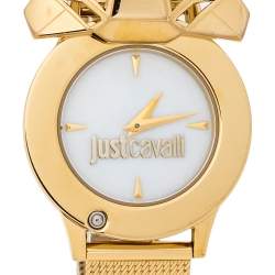 Pre Owned Just Cavalli White Mother Of Pearl Yellow Gold Tone Stainless Steel Just Tiger 7251561502 Women's Wristwatch 34 mm
