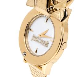 Pre Owned Just Cavalli White Mother Of Pearl Yellow Gold Tone Stainless Steel Just Tiger 7251561502 Women's Wristwatch 34 mm