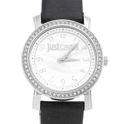 Pre Owned Just Cavalli Silver Stainless Steel Leather Moon 3H R7251103501 Women's Wristwatch 38 mm