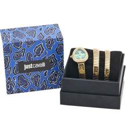 Pre Owned Just Cavalli Green Yellow Gold Plated Stainless Steel Chic Snake JC1L120M0035 Women's Wristwatch 23 mm