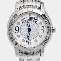 Pre Owned Just Cavalli Silver Crystal Embellished Stainless Steel R7253161515 Women's Wristwatch 34 mm