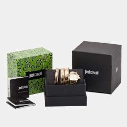 Pre Owned Just Cavalli Glittered Champagne Rose Gold Plated Stainless Steel Glam Chic JC1L115M0035 Women's Wristwatch 22 mm