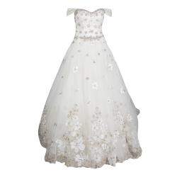 Justin Alexander Signature White Off Shoulder Floral Embroidered Embellished Tulle Wedding Gown M