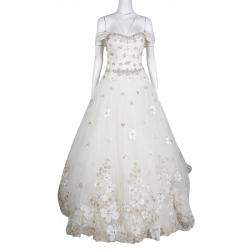 Justin Alexander Signature White Off Shoulder Floral Embroidered Embellished Tulle Wedding Gown M