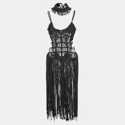 Pre Owned Karima Black Macrame Hand-Crafted Midi Dress M