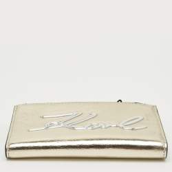 Pre Owned Karl Lagerfeld Gold/Silver Faux Leather K/Signature Bifold Wallet