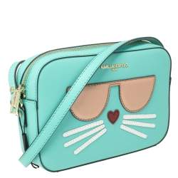 Pre Owned Karl Lagerfeld Mint Green Leather Maybelle Choupette Crossbody Bag                   