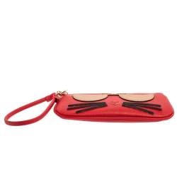 Karl Lagerfeld Red Leather Choupette Wristlet Clutch