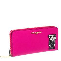 Pre Owned Karl Lagerfeld Pink Leather K/Ikonik Zip Around Wallet