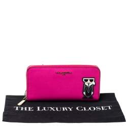 Pre Owned Karl Lagerfeld Pink Leather K/Ikonik Zip Around Wallet