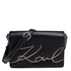 Karl Lagerfeld Black Leather Medium K/Signature Shoulder Bag