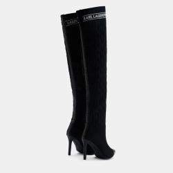 مملوكة مسبقًا Karl Lagerfield Pandora Monogram Ribbed Kneeblack Knit Textile Black Leather Boots