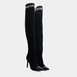 مملوكة مسبقًا Karl Lagerfield Pandora Monogram Ribbed Kneeblack Knit Textile Black Leather Boots