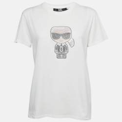 Pre Owned Karl Lagerfeld White Ikonik Studded Cotton Crew Neck T-Shirt L
