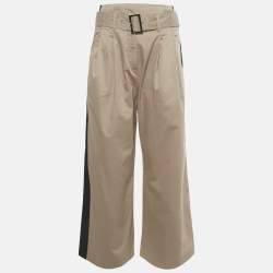 مملوكة مسبقًا بنطلون كارل لاغرفيلد قطن بيج داكن / أسود بخط جانبي على جانب الساق واسع مقاس متوسط