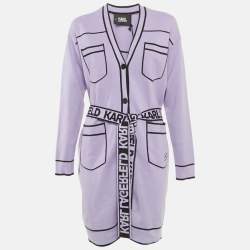 Pre Owned Karl Lagerfeld Purple Wool Blend Logo Belted Cardigan M