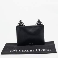 Karl Lagerfeld Black Leather Eyelet Cat Ear Pouch