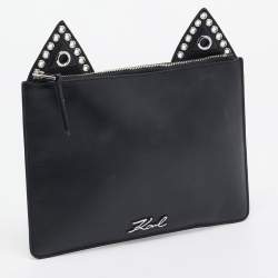 Karl Lagerfeld Black Leather Eyelet Cat Ear Pouch