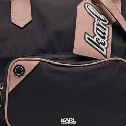 Pre Owned Karl Lagerfeld Black/Pink Leather and Nylon Front Pocket Tote