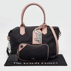 Pre Owned Karl Lagerfeld Black/Pink Leather and Nylon Front Pocket Tote