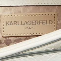 Pre Owned Karl Lagerfeld White Lace Print Leather Chantelle Top Handle Bag