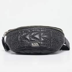 Pre Owned Karl Lagerfeld Black Quilted Leather Studded K/Kuilted Belt Bag