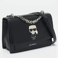 Karl Lagerfeld Black Leather K/Ikonik Flap Chain Shoulder Bag