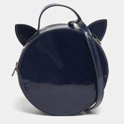 Pre Owned Karl Lagerfeld Navy Blue/Gold Patent Leather K/Cat Ears Crossbody Bag