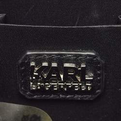 Pre Owned Karl Lagerfeld Black Leather NYC Choupette Pearl Embellished Clutch