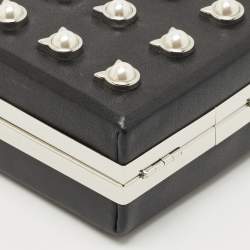 Pre Owned Karl Lagerfeld Black Leather NYC Choupette Pearl Embellished Clutch
