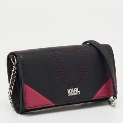 Pre Owned Karl Lagerfeld Black/Pink Leather Wallet on Strap