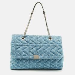 Pre Owned Karl Lagerfeld K/Kuilted Large Blue Denim Jacquard Flap Shoulder Bag