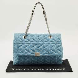 Pre Owned Karl Lagerfeld K/Kuilted Large Blue Denim Jacquard Flap Shoulder Bag